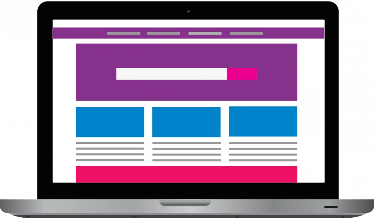 Colourfull illustration of an example website on a laptop