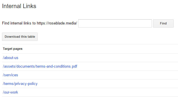 Internal links page on Google Webmaster Tools